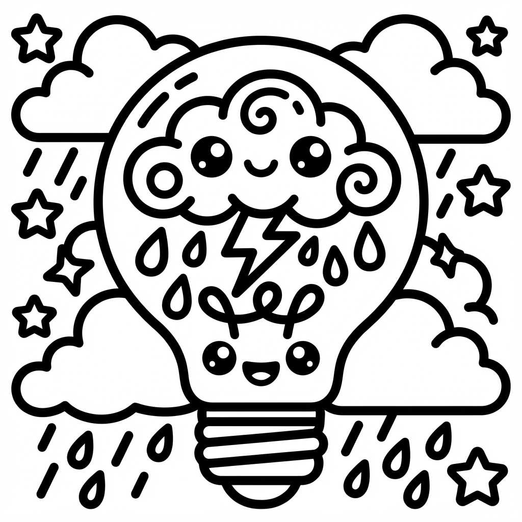 Smiling lightbulb with a stormy cloud inside, a perfect beginner coloring pages choice.